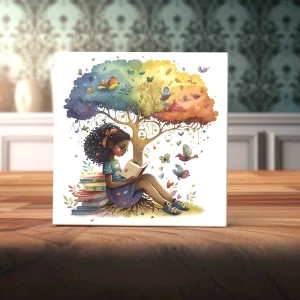 Enchanted Reading Nook Art Tile with Easel - Girl Reading Under a Rainbow Tree