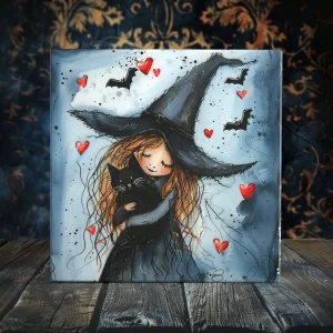 Moonlit Magic: Enchanting Witch and Black Cat Porcelain Tile Art