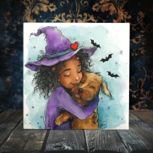 Witch's Best Friend: Halloween Hug Porcelain Tile Art